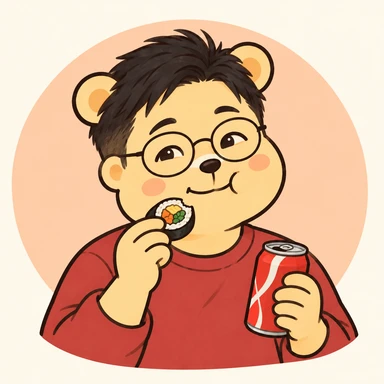 짧은 머리와 둥근 안경의 피치쥬스 곰 캐릭터가 김밥과 콜라를 즐기는 모습